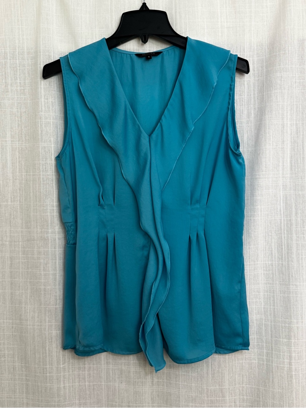 Renuar Teal Ruffle-Front Sleeveless V-Neck Blouse Gathered Waist Top Size 6
